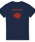 Blodrött stänkmotiv och texttryck Lingonveckan på marinblå t-shirt