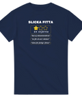 Humoristiskt tryck med missnöjd stjärna och kaxigt citat på en marinblå t-shirt