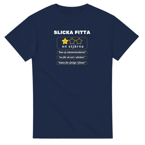 Humoristiskt tryck med missnöjd stjärna och kaxigt citat på en marinblå t-shirt