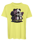 Gul t-shirt med pop-horror illustration av tre kaxiga figurer