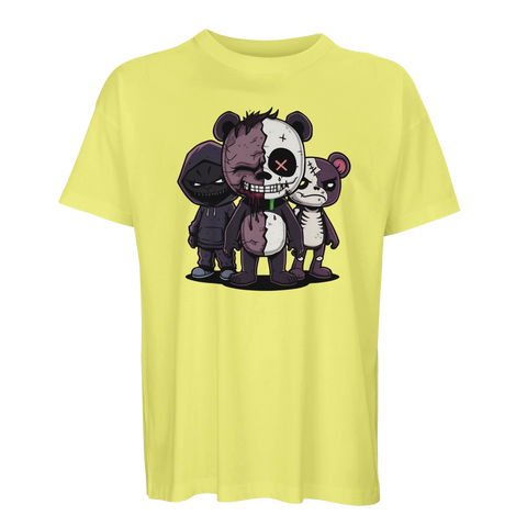 Gul t-shirt med pop-horror illustration av tre kaxiga figurer