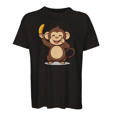 Svart premium t-shirt med grafiskt tryck av en apa och banan
