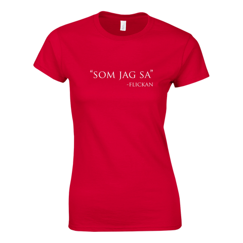Röd t-shirt med satirisk illustration av en välkänd replik