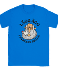 Blå t-shirt med farfar, en höna och texten ”Lägg ägg i farfars skägg”.