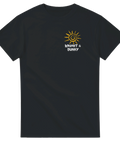 Svart t-shirt med gult solmotiv och texten Bright & Sunny