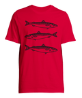 Stilrent fiskmönster med tre makrillar – röd t-shirt för fiskare