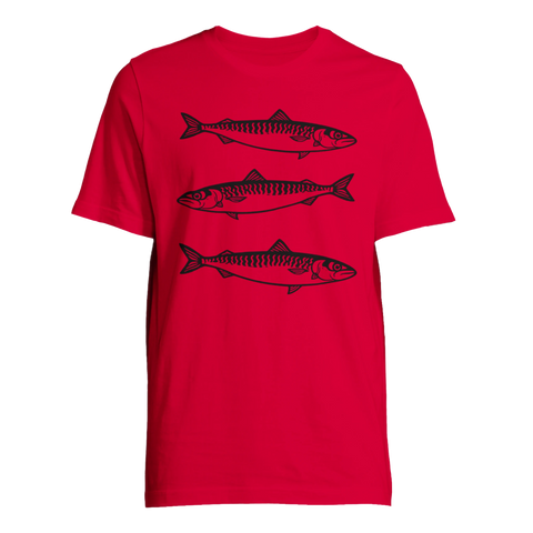 Stilrent fiskmönster med tre makrillar – röd t-shirt för fiskare