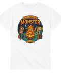 Färgstark badge-design med campingtema och lekfull skräck på vit t-shirt