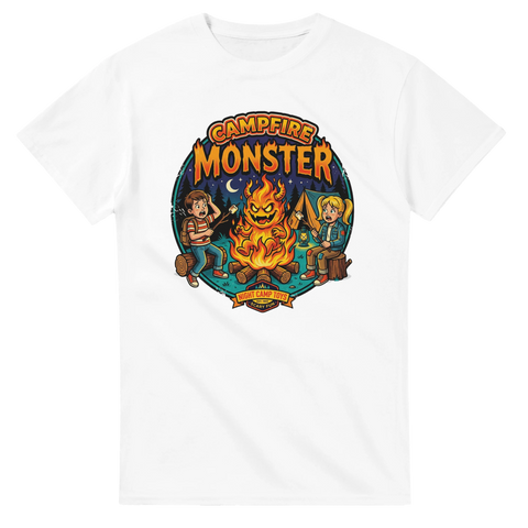 Färgstark badge-design med campingtema och lekfull skräck på vit t-shirt