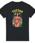Svart t-shirt med grafiskt tryck föreställande kvinna i tropisk miljö