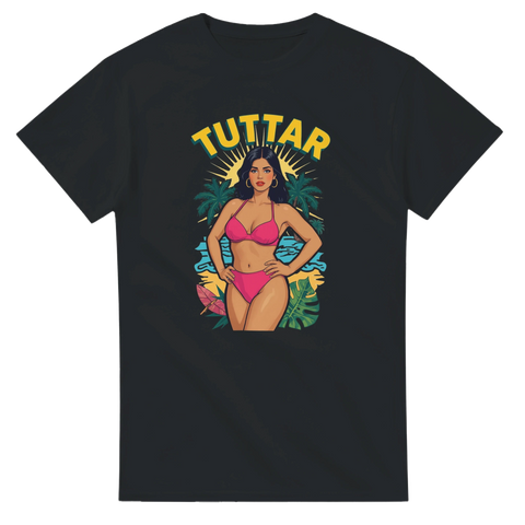 Svart t-shirt med grafiskt tryck föreställande kvinna i tropisk miljö