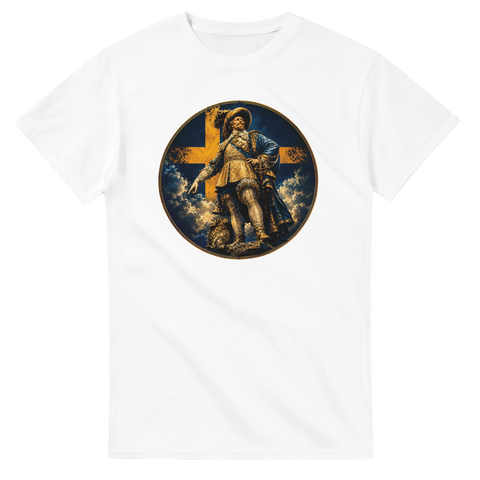Detaljrik svensk historia med kungamotiv på vit t-shirt
