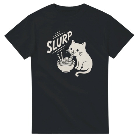 Minimalistisk illustration av katt som äter ramen – grafisk t-shirt