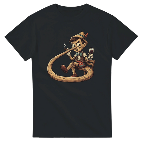 Satirisk illustration av Pinocchio med cigarr och vin – grafisk t-shirt