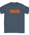 T-shirt med grafiskt pastatryck i orangea toner mot mörkblå melerad bakgrund