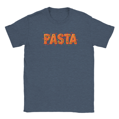 T-shirt med grafiskt pastatryck i orangea toner mot mörkblå melerad bakgrund