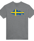 Gråmelerad t-shirt med en klassisk fiskdesign för sportfiskare