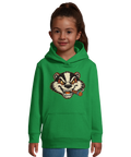 Billy Badger-design med arg grävling som röker cigarr på grön barnhoodie med magficka.
