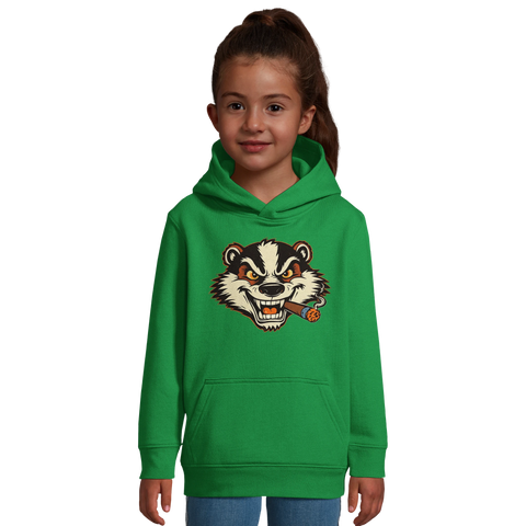 Billy Badger-design med arg grävling som röker cigarr på grön barnhoodie med magficka.