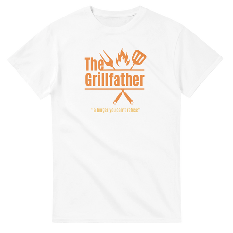 Vit t-shirt med The Grillfather-logotyp och maffia-inspirerat citat