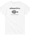 Vit t-shirt med rödspätta motiv och text RÖDSPÄTTA