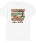 Mid-century comic-stil med strandtema och palm – vit t-shirt