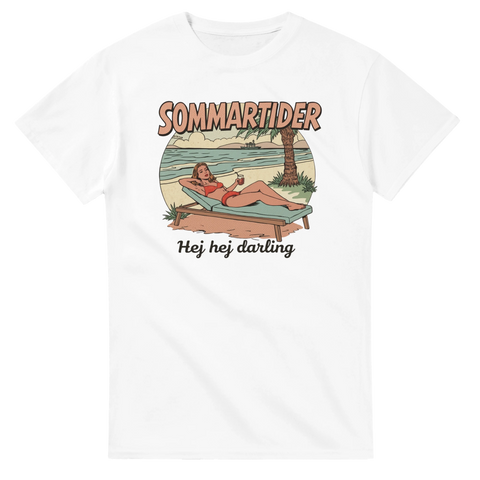 Mid-century comic-stil med strandtema och palm – vit t-shirt