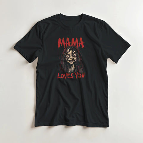 Psykotiskt creepypasta-motiv med röd text på en svart t-shirt