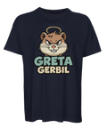 Grafiskt motiv av en manisk hamster tryckt på mörkblå t-shirt
