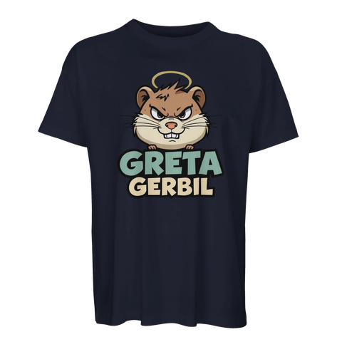 Grafiskt motiv av en manisk hamster tryckt på mörkblå t-shirt
