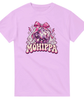 Rosa t-shirt med texten ”Möhippa”, discokula, rosa rosett och brudslöja.