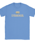 Husvagn med texten "STÖDBENSÖL" i beige på en ljusblå t-shirt.