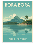 Retro illustration av Bora Bora med turkost vatten, palmer och berget Mount Otemanu i minimalistisk grafik.