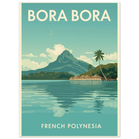 Retro illustration av Bora Bora med turkost vatten, palmer och berget Mount Otemanu i minimalistisk grafik.