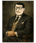 Närbild på en humoristisk poster som kombinerar klassiskt porträttmåleri med modernt ironiskt ansikte.