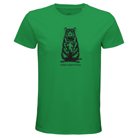 Grön t-shirt med detaljrikt tryck av en urban överlevare