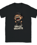 Arg tecknad figur med keps och text "DRA ÅT HELVETE" på svart t-shirt.