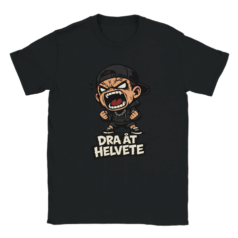 Arg tecknad figur med keps och text "DRA ÅT HELVETE" på svart t-shirt.