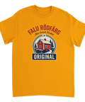 Falu Rödfärg Original logga med röd stuga, granar och text på gul t-shirt.