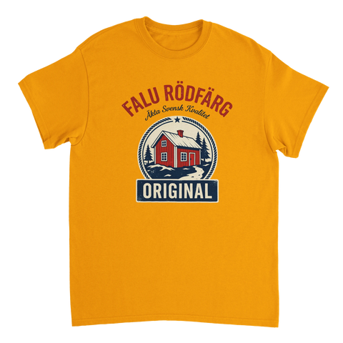 Falu Rödfärg Original logga med röd stuga, granar och text på gul t-shirt.