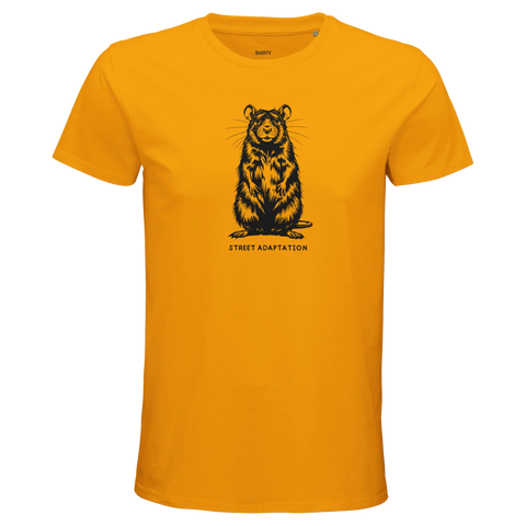 Kaxig t-shirt med grafiskt motiv av en råtta i gult