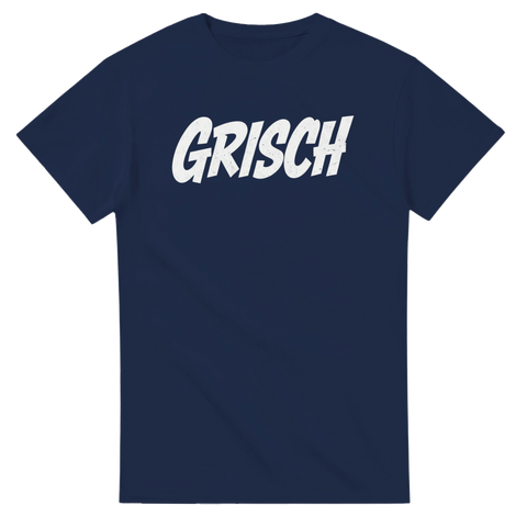 Modern slang-text Grisch med grafisk design på en marinblå t-shirt