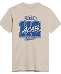 Beige t-shirt med grafiskt orten-motiv och uppkäftig textbaserad illustration