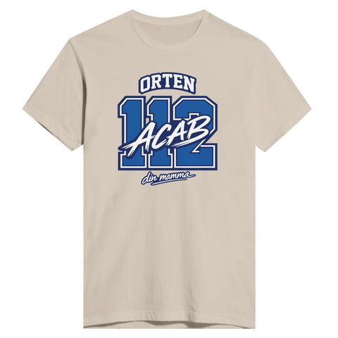 Beige t-shirt med grafiskt orten-motiv och uppkäftig textbaserad illustration