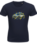 Marinblå barn-t-shirt med en svensk polisbil och färgstänk