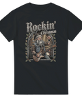 Grafiskt tryck av tatuerad hårdrockstomte med elgitarr på en svart t-shirt