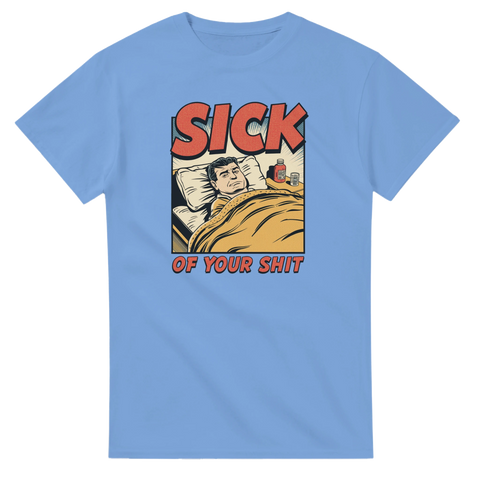 Grafiskt tryck i 50-talsstil med halftone-effekt och humor – ljusblå t-shirt