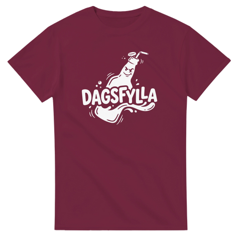 Retro flaska i rörelse med humoristisk dagsfylla text – mörkröd t-shirt