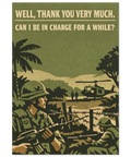 Retro poster i gröna toner med soldater, helikopter och palmträd i 1960-tals stil med texten Well, thank you very much.