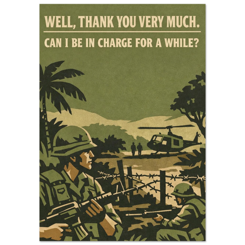 Retro poster i gröna toner med soldater, helikopter och palmträd i 1960-tals stil med texten Well, thank you very much.
